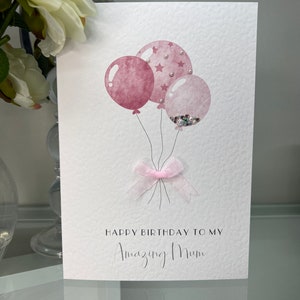 Carte d'anniversaire de maman, carte de joyeux anniversaire de luxe, carte d'anniversaire rose pour maman, fait main, ballons, scintillement, pierres précieuses, noeud, carte de joyeux anniversaire