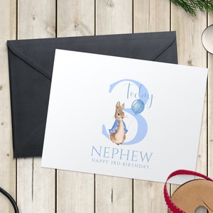 3. Geburtstagskarte, Neffe 3. Geburtstagskarte, Peter Rabbit Dritte Geburtstagskarte, Peter Hase Blauer Ballon, 3 Today