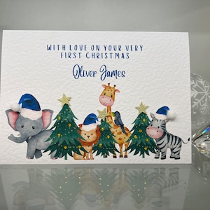 Gepersonaliseerde eerste kerstkaart, 1e kerstkaart babyjongen, kerstkaart 2023, kerstkaart safaridieren, aandenkenkaart