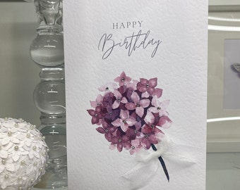 Hydrangea Birthday Card: Watercolour Flower, Gems & Bow