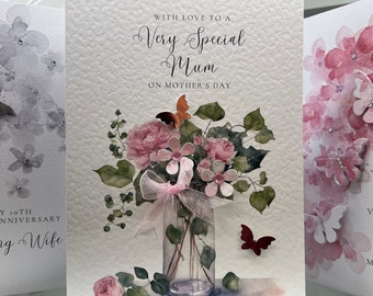 Mother's Day Card, Special Mother's Day Card With Pink Butterflies and Flowers, Special Mother's Day Card, Luxury Mother’s Day Card, Flowers