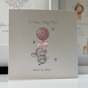 2023 Neue Baby, Baby Elefant Karte, Neue Baby Mädchen Karte, Neue Eltern Karte, Neue Baby Glückwunschkarte, Willkommen Baby, Edelsteine und Schleife