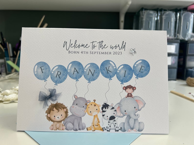 Carte personnalisée nouveau bébé, carte nouveau bébé garçon, carte nouveaux parents, carte de félicitations nouveau bébé, carte de bébé, nouveau-né, carte souvenir, safari image 4
