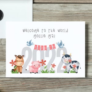 Animaux de la ferme 2025, carte personnalisée nouveau bébé, carte de bébé fille, carte de nouveaux parents, carte de félicitations pour nouveau bébé, carte de bébé, carte de nouveau-né