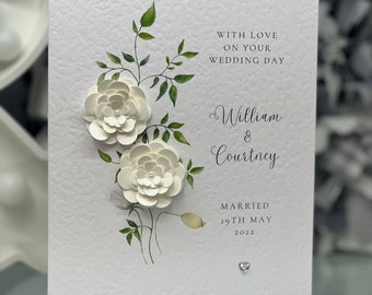 Gepersonaliseerde trouwkaart, luxe trouwkaart, speciale trouwkaart, 3D-trouwkaart, aandenken trouwkaart, 3D-papieren bloemen en parels