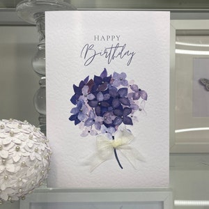 Biglietto di compleanno fiore acquerello, carta fiore, ortensia, carta figlia, carta amica, carta per incorniciare, carta speciale, con gemme e fiocco,