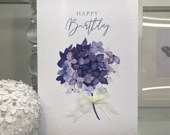 Watercolour Flower Birthday Card, Flower Card, Hydrangea, Daughter Card, Friend Card, Card To Frame, Special Card, With Gems And Bow,