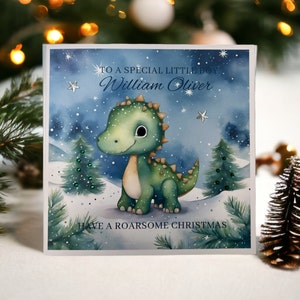 Biglietto natalizio personalizzato fatto a mano con dinosauro, biglietto natalizio dinosauro, figlio dinosauro, nipote, fratello, biglietto natalizio dinosauro bambino