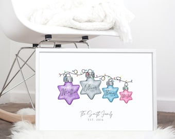Albero genealogico, Albero genealogico di Natale, Albero genealogico con palline personalizzate, Stampa natalizia, Stampa di Natale di famiglia, Nuova stampa di Natale per bambini, Stelle