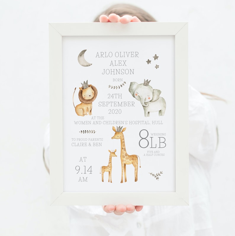 Personalised Safari Animals Print, Including Birth Details, New Baby ...