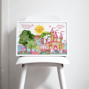 Personalised Fairytale Print, Child&#39;s Bedroom Print, Unicorn Print, Princess Castle, Unicorn Print, Name Print With Gems, Sleeps Here Print