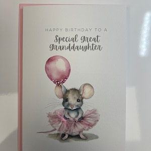 Tarjeta de cumpleaños de bisnieta, tarjeta de nieta, tarjeta de nieta linda, tarjeta de bisnieta rosa, tarjeta de ratón lindo, tarjeta de ballet