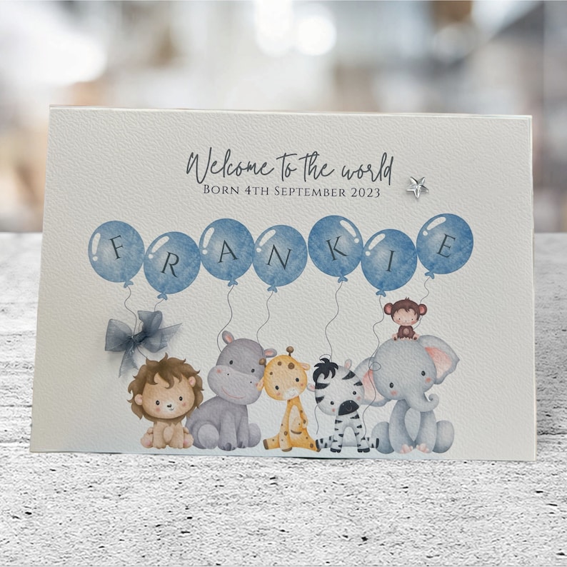 Carte personnalisée nouveau bébé, carte nouveau bébé garçon, carte nouveaux parents, carte de félicitations nouveau bébé, carte de bébé, nouveau-né, carte souvenir, safari image 2