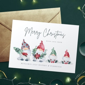 Biglietti di Natale personalizzati, confezione da 6 grandi biglietti di Natale personalizzati, gnomi di Natale, biglietti di Natale con la famiglia degli elfi, biglietti personalizzati