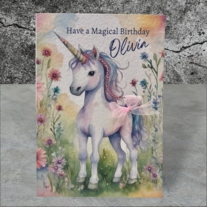 Carte d'anniversaire personnalisée, carte de joyeux anniversaire de luxe, licorne et pierres précieuses, fille, nièce, ami, carte, 3e, 4e, 5e, 6e, 7e anniversaire