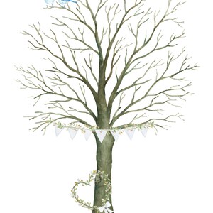 May include: Watercolor illustration of a tree with blue birds perched on a branch. The tree is decorated with a banner of white pennants and a heart-shaped wreath. Text at the bottom reads "Thomas & Sophie" and event details.