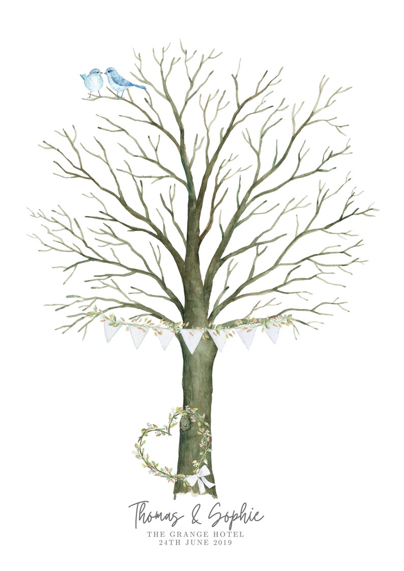 May include: Watercolor illustration of a tree with blue birds perched on a branch. The tree is decorated with a banner of white pennants and a heart-shaped wreath. Text at the bottom reads "Thomas & Sophie" and event details.