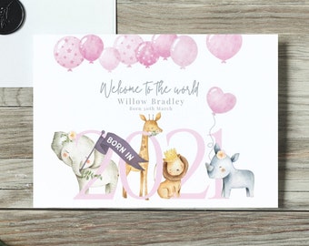 Carte personnalisée pour nouveau bébé 2025, carte de bébé fille, jungle, animaux de safari, détails de naissance, carte de nouveaux parents, décorée à la main avec des pierres précieuses