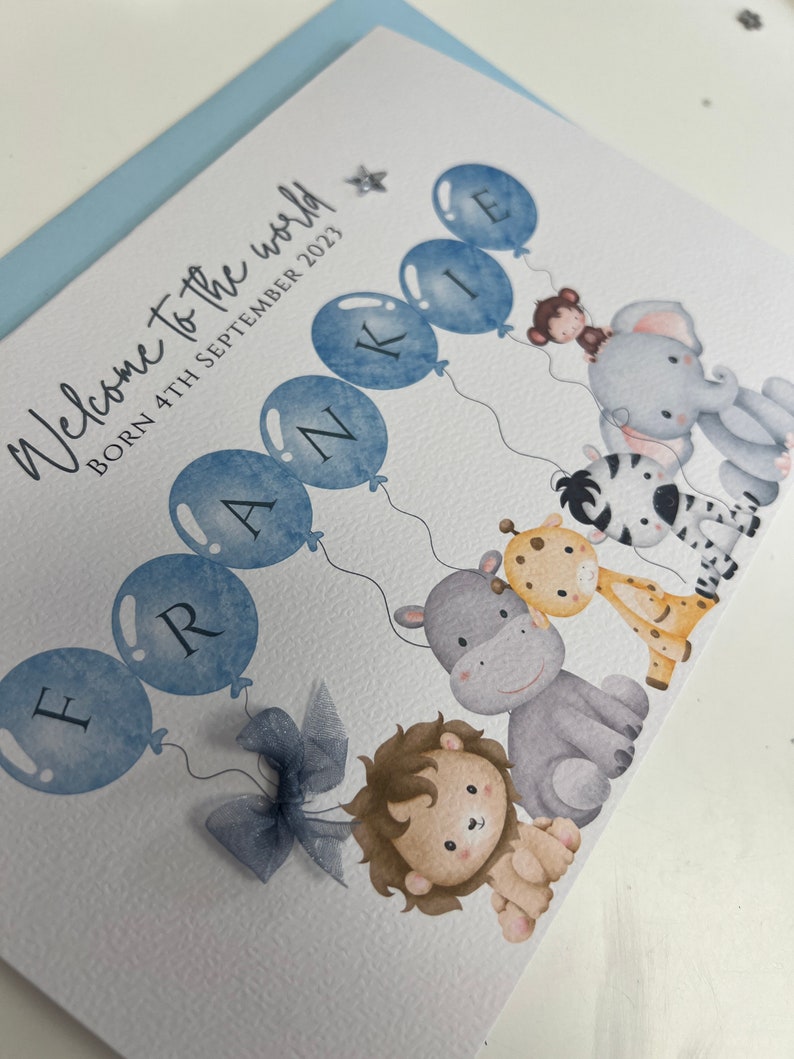 Carte personnalisée nouveau bébé, carte nouveau bébé garçon, carte nouveaux parents, carte de félicitations nouveau bébé, carte de bébé, nouveau-né, carte souvenir, safari image 3