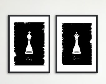 Chess Pieces Print, King & Queen Chess Pieces, Contemporary Prints, Pair Of black and White prints, Chess Game Print, Chess Lovers Print.
