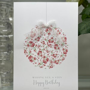 Rosa Florale Geburtstagskarte, Rosa Pomander Happy Birthday Karte, verziert mit winzigen Edelsteinen und Schleife, Freundin Karte, Mama Karte, Tochter Karte
