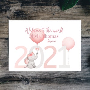 2025 Gepersonaliseerde nieuwe babykaart, kaart voor babymeisje, jungle, safaridieren, geboortedetails, kaart nieuwe ouders, handversierd met edelstenen