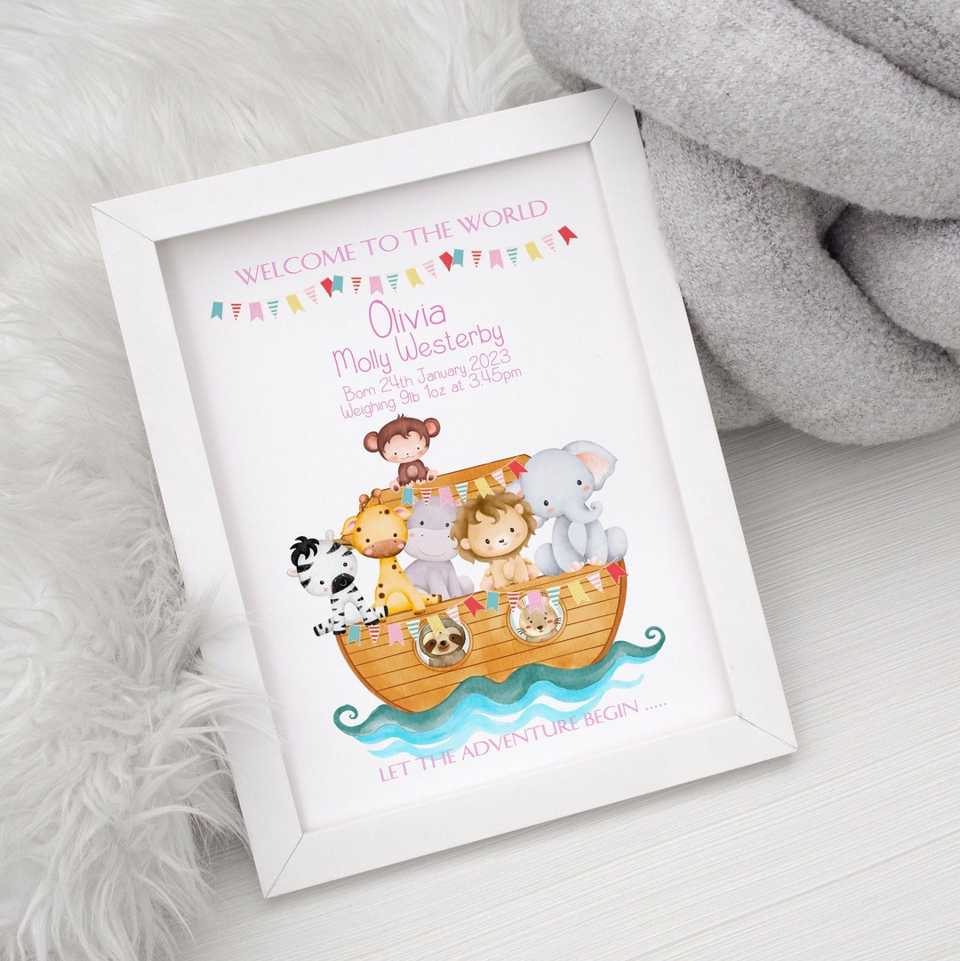 Personalised Safari Animals Print, Including Birth Details, New Baby ...