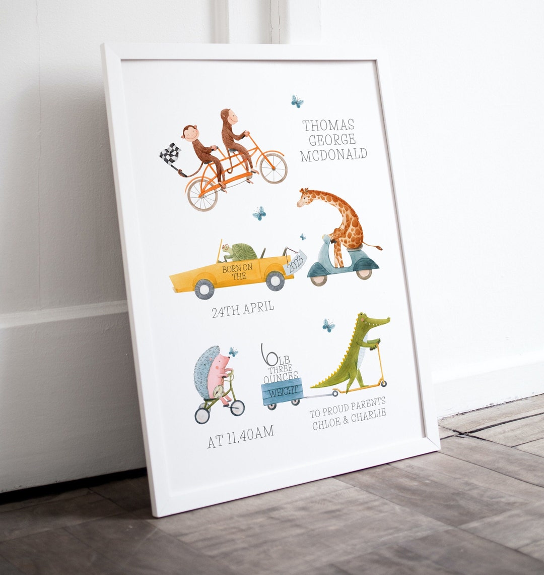 Personalised Safari Animals Print, Including Birth Details, New Baby ...