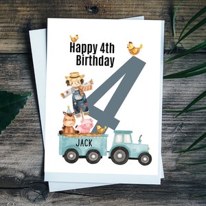 2e, 3e, 4e, 5e, 6e, verjaardag gepersonaliseerde naam en leeftijd verjaardagskaart, kleine jongenskaart, boerderijdieren, tractoraanhangwagenkaart, blauwe tractor