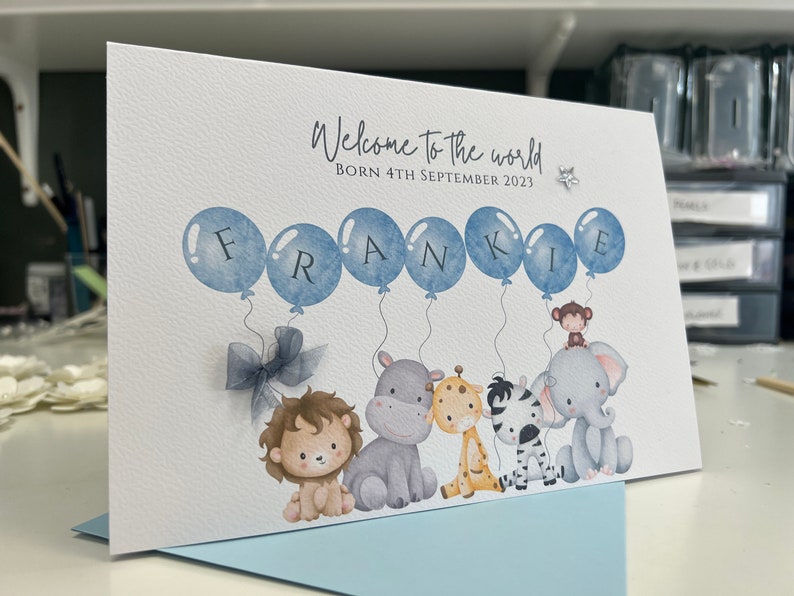 Carte personnalisée nouveau bébé, carte nouveau bébé garçon, carte nouveaux parents, carte de félicitations nouveau bébé, carte de bébé, nouveau-né, carte souvenir, safari image 5
