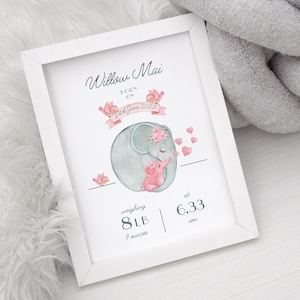 Personalised New Baby Print, New Baby Birth Details, New Baby Gift, New Parents Gift, Baby Elephant, Birth Gift, New Baby Girl Present