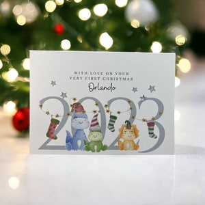 Primeiro cartão de Natal personalizado, primeiro cartão de Natal do bebê menino, cartão de Natal 2023, cartão de Natal de dinossauro, cartão de lembrança, primeiro Natal