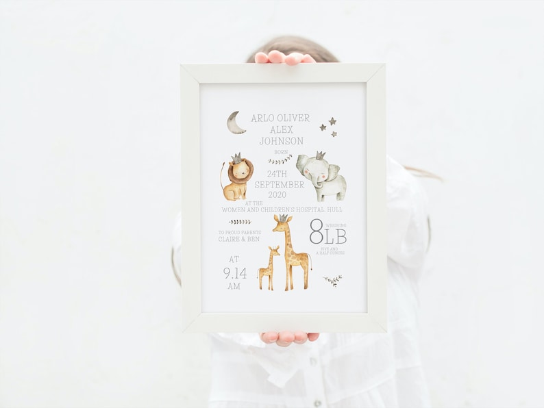 Personalised Safari Animals Print, Including Birth Details, New Baby ...