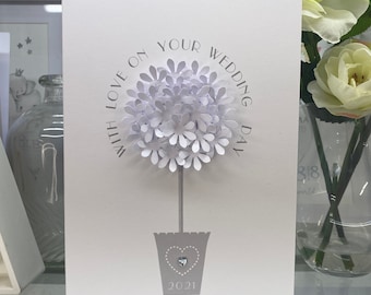 Wedding Card, Personalised With The Year, Luxury Wedding Bouquet Card, Topiary Wedding Card, Heart Gem, Keepsake Card, Floral Wedding Card