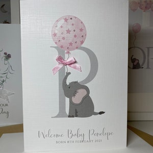 Bebé nuevo personalizado, tarjeta de elefante bebé, tarjeta de niña nueva, tarjeta de padres nuevos, tarjeta de felicitación de bebé nuevo, bebé de bienvenida, gemas y arco
