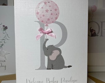 Nouveau bébé personnalisé, carte de bébé éléphant, carte de nouveau bébé fille, carte de nouveaux parents, carte de félicitations pour nouveau bébé, bébé de bienvenue, pierres précieuses et arc