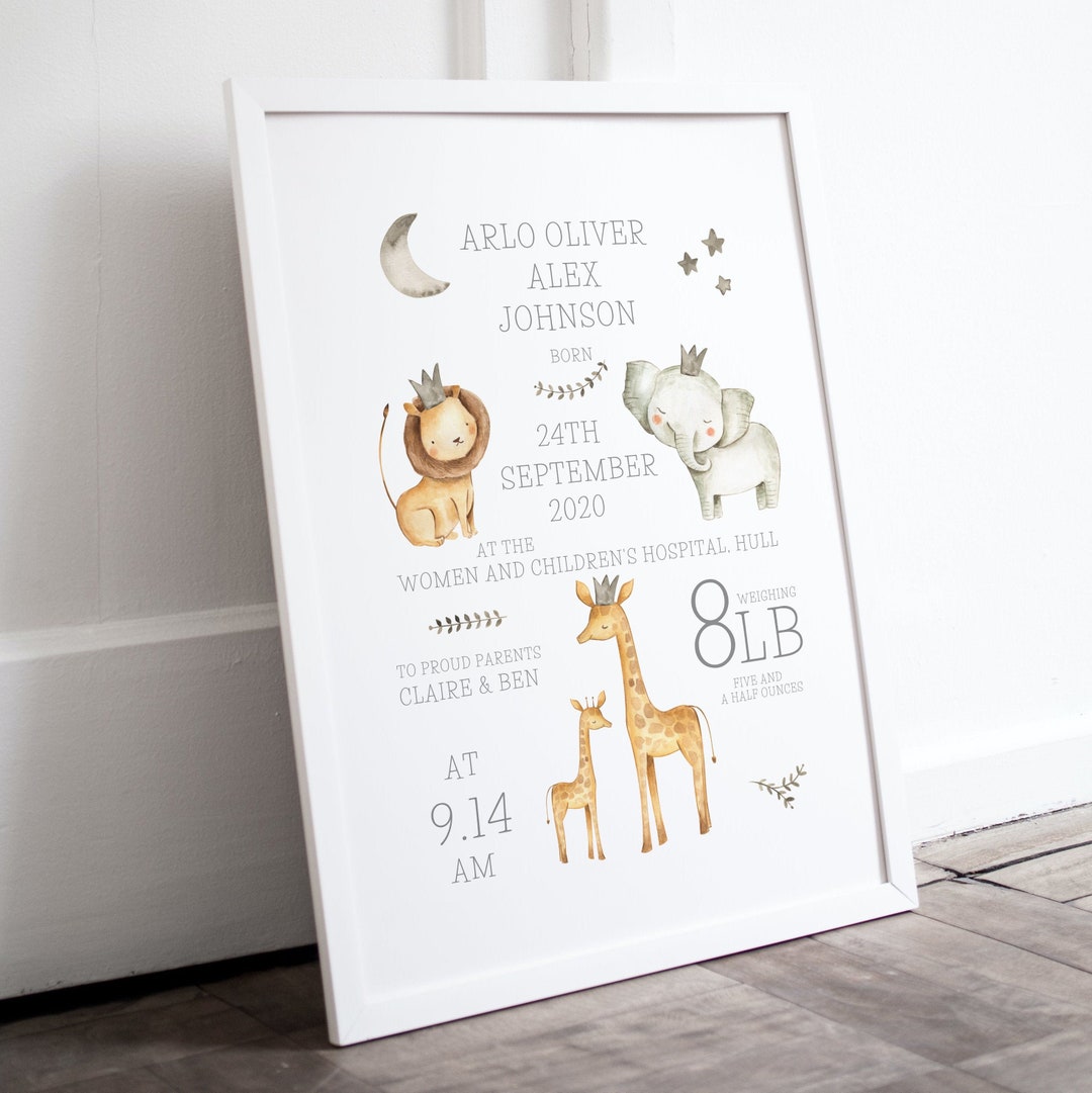 Personalised Safari Animals Print, Including Birth Details, New Baby ...