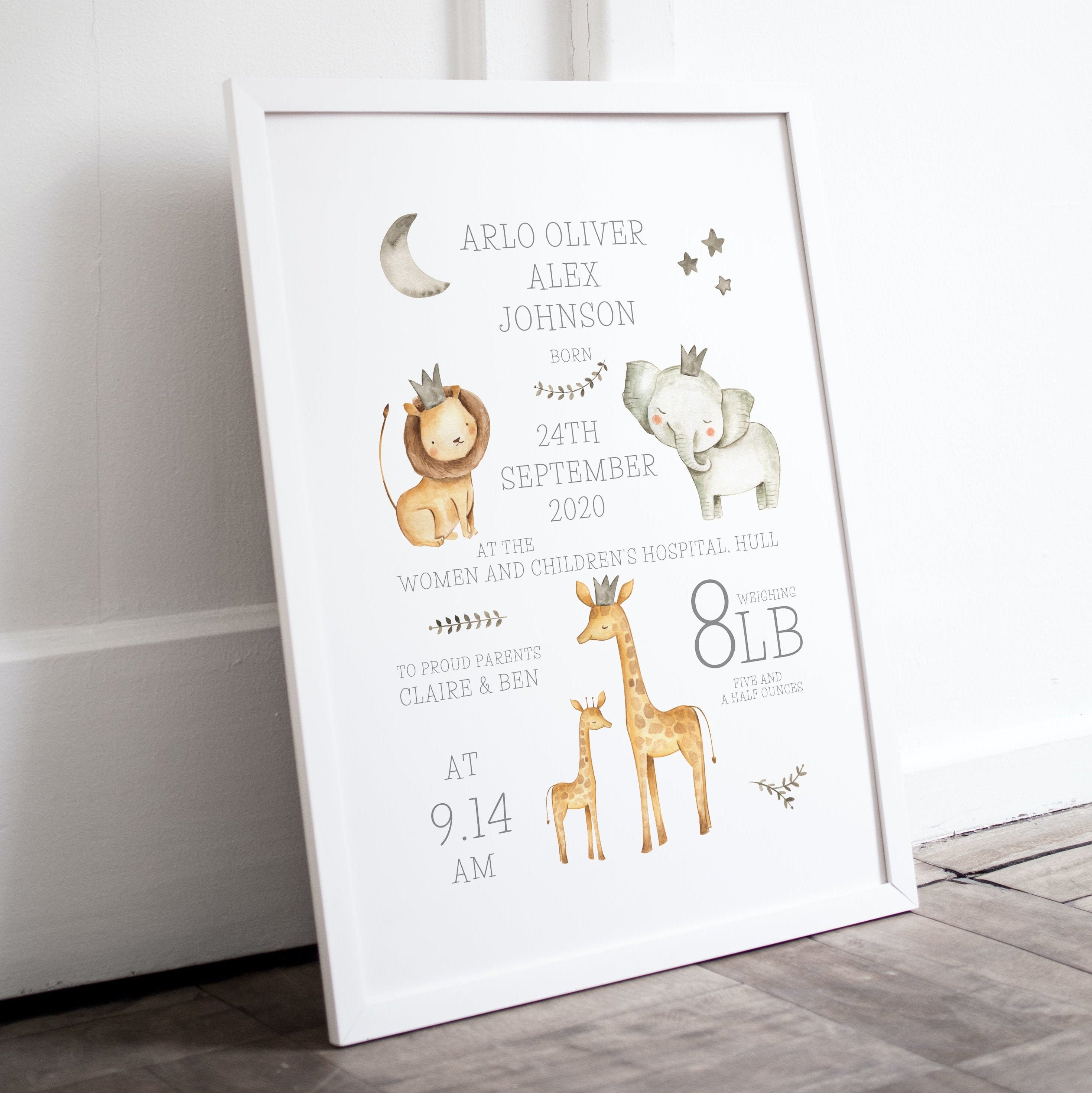 Personalised Safari Animals Print, Including Birth Details, New Baby ...