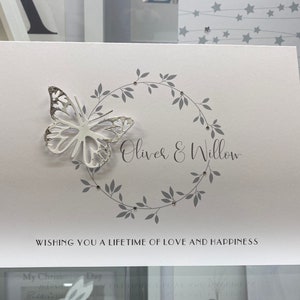 Personalised Wedding Card With Butterfly, Silver Leaf And Gems, Wedding Congratulations Card, Wedding Card, Card For Bride & Groom