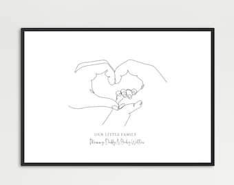 New baby gift, family Print, line drawn family print, personalised new baby gift, christening gift, baby hand, family hands, personalised
