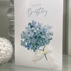 Aquarell Blumen Geburtstagskarte, Blumenkarte, Hortensie, Tochterkarte, Freundkarte, Karte zum Rahmen, besondere Karte, mit Edelsteinen und Schleife,