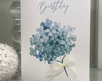 Watercolor Hydrangea Birthday Card: Gem & Ribbon Detail
