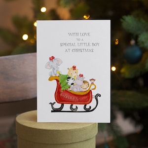 Personalisierte Weihnachtskarte, Baby 1. Weihnachtskarte, JungenKarte, Safari Tiere Karte, Andenken Karte, Kinder Weihnachtskarte, Andenken Karte