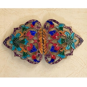 Antique Art Nouveau Belt Buckle - Rainbow Guilloche Enamels - 32g - 9.5cm x 5.4cm