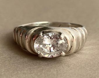Sterling Silver Rock Crystal Ring - Ribbed Shoulders  - c. 1970s