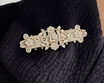 Broche antiguo con nombre Polly de 1892 - Plata de ley inglesa con sello - Joyería victoriana floral - 4,5 cm de longitud