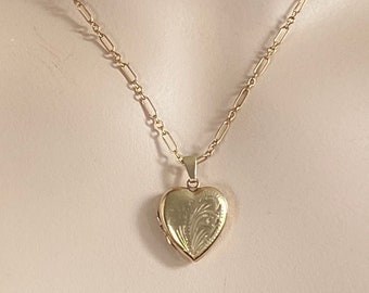 9ct Rolled Gold Photo Locket - Half Etched Front - Victorian Revival - Puffy Heart Pendant - Sold as Locket Only Without Chain