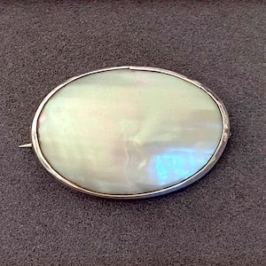 Antique Edwardian Mother of Pearl Brooch - Silver Oval Iridescent Shell Pin, c. 1910