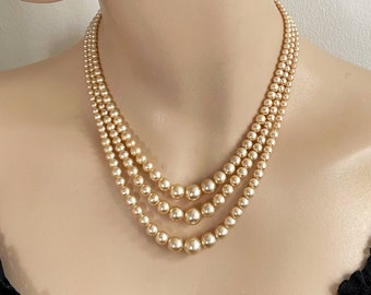 Midcentury Triple Strand Graduated Glass Pearl Necklace, Rich Cream Faux Pearl, 16in Length