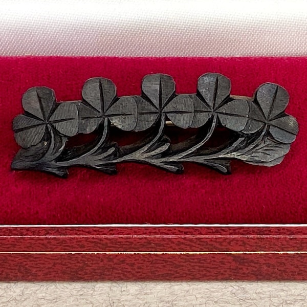 Antique Irish Bog Oak Brooch - Hand Carved Shamrock Motifs - St Patricks Day - Irish Gift - 4.7g